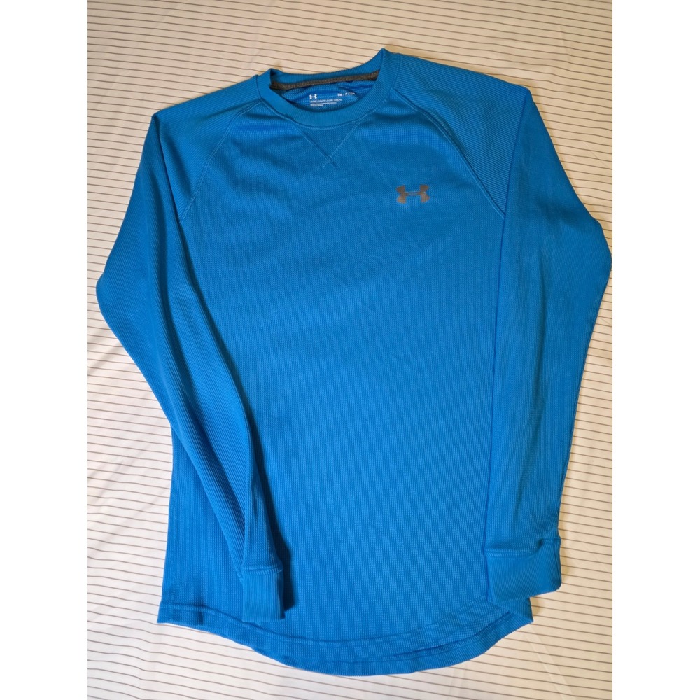 1308 Under Armour Mens Blue Waffle Knit Thermal Long Sleeve Shirt Loose Fit Sm